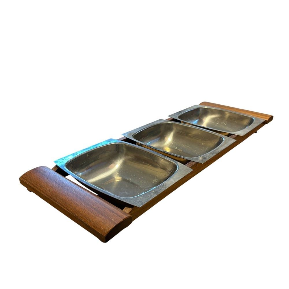 Vintage Mid Century Arthur Salm Stainless Steel &‎ Teak Wood 3 Dishes Sweden